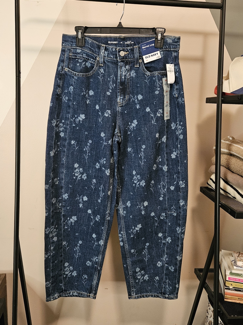 Old Navy Dark Wash Floral Print Barrel Jeans, Size 10